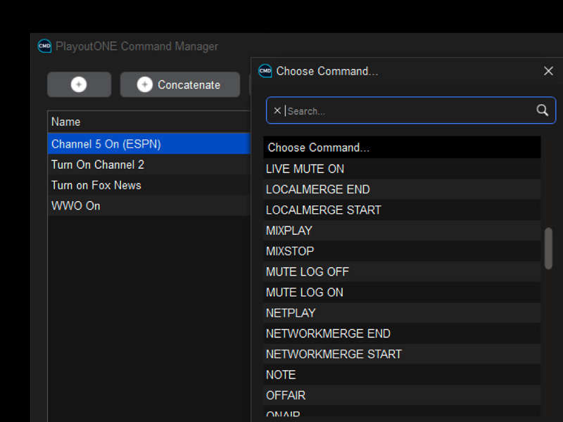 Command Manager screenshot showing a dropdown of available command types