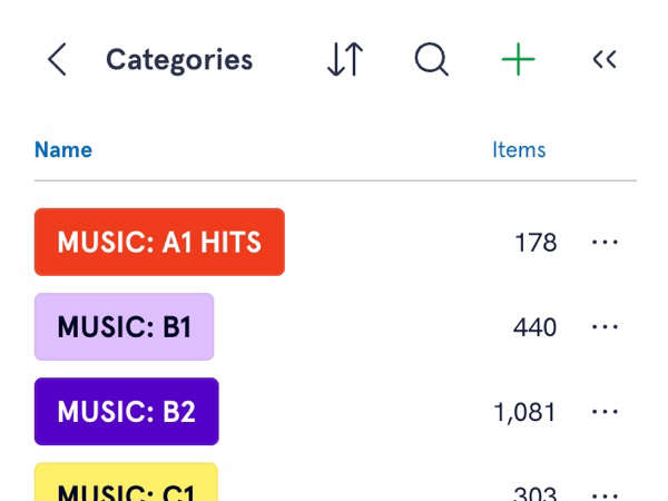 Screenshot of a list of category names