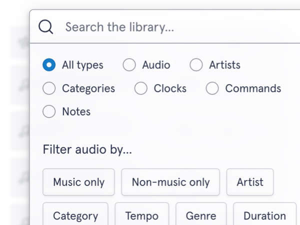 Screenshot of a dropdown search which has options for searching by different types and a range of buttons for filters