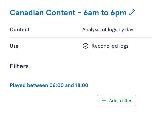 Screenshot showing an editor for a report, showing analysis of logs by day and with a 6am to 6pm filter