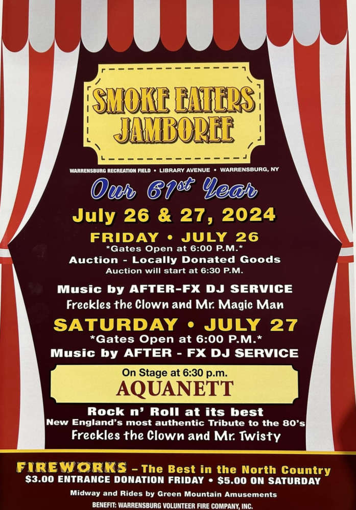 Smokeeater's Jamboree, Fri + Sat, Warrensburg Rec Field w/Music, Carnival Rides, Fireworks