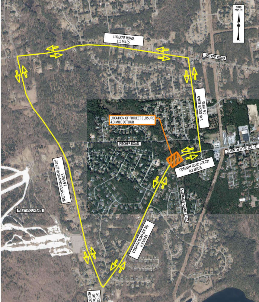 Map of Corinth Road closure, with detour onto Van Dusen, Luzerne and West Mountain Roads.