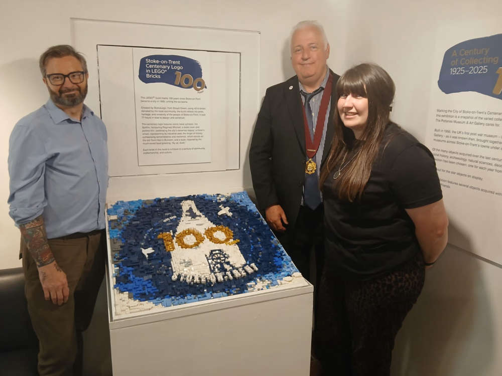 L-R: Neil Walker aka StokieLEGO, Deputy Lord Mayor Councillor Steve Watkins, Graphic Designer and designer of the Centenary logo, Becky Smith.