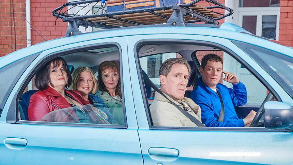 Nessa (Ruth Jones), Stacey (Joanna Page), Gwen (Melanie Walters), Bryn (Rob Brydon), Gavin (Mathew Horne) (Image: BBC/Toffee International Ltd./Tom Jackson)