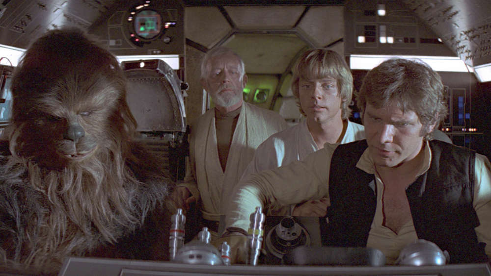 Chewie, Ben, Luke and Han in the Millennium Falcon