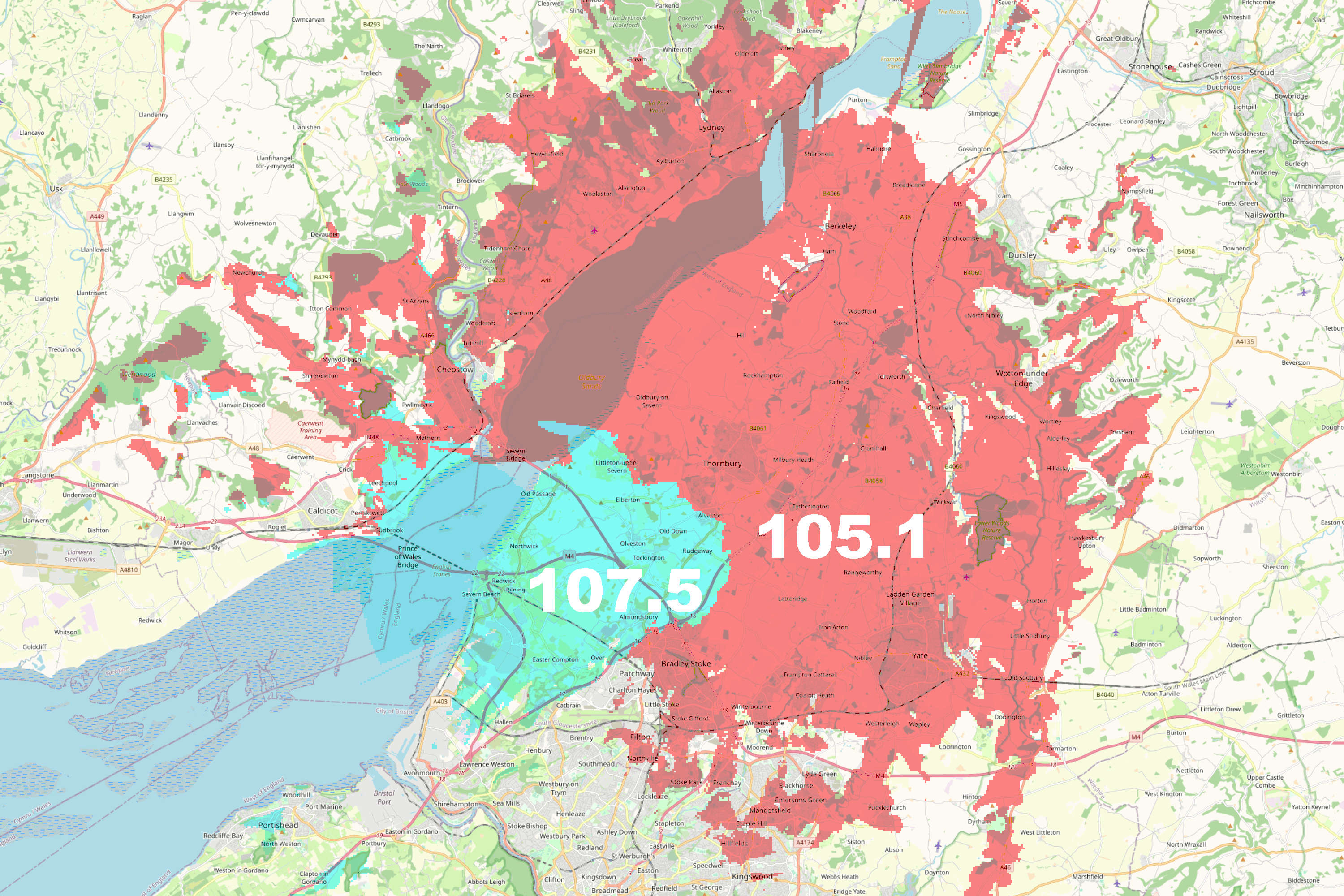 FM Coverage map for Thornbury Radio showing frequency areas