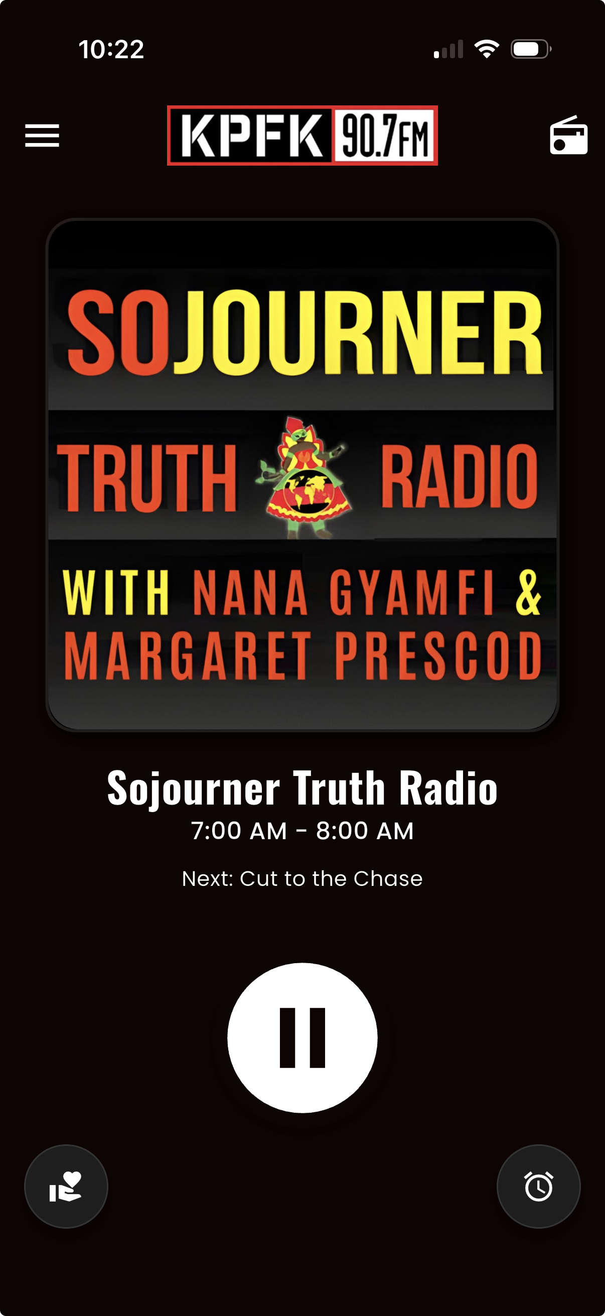 The KPFK app playing Sojourner Truth Radio, with the show times and what is on next