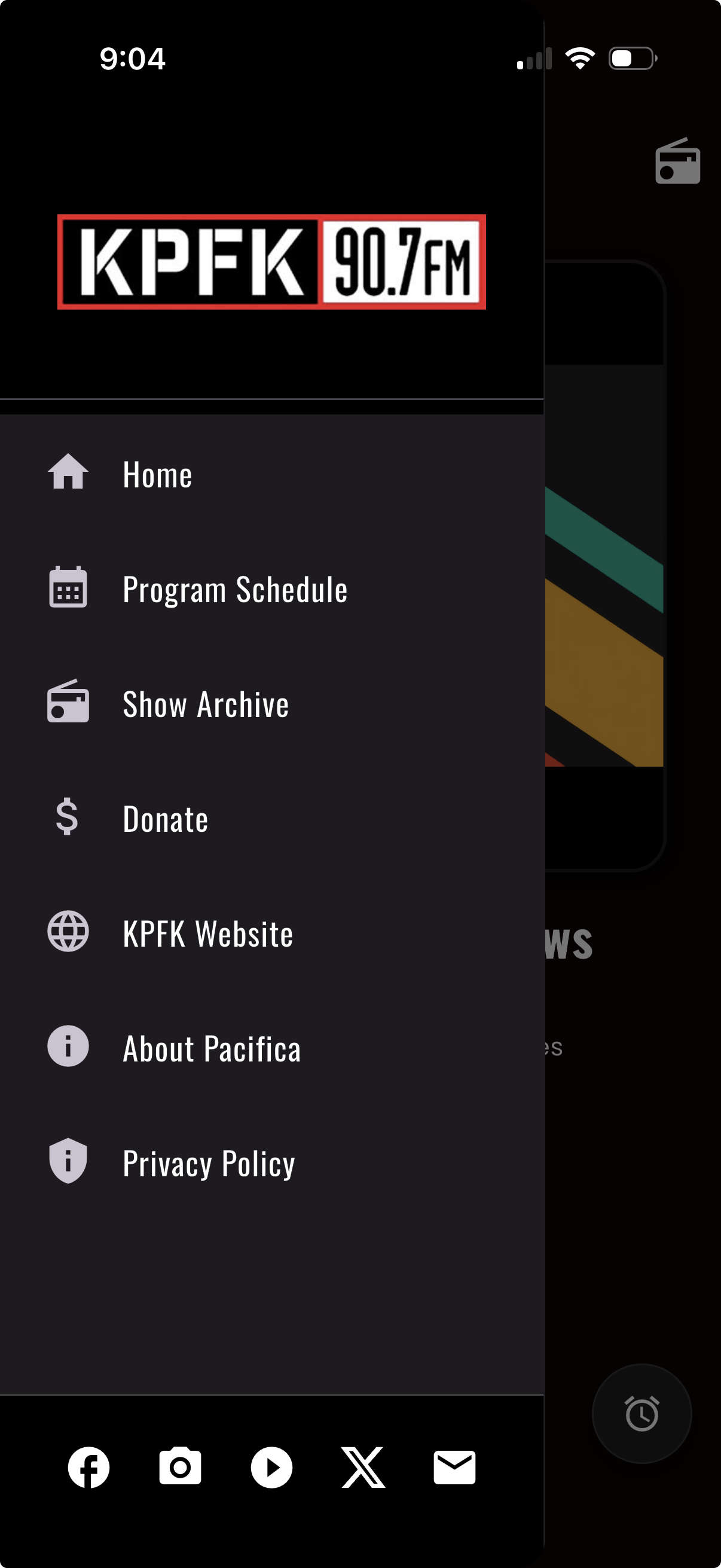 The KPFK app menu, with the program schedule, show archive, and donate page