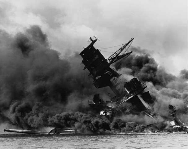 The USS Arizona, 7th December 1941, after the Japanese attack on Pearl Harbour. The ship currently rests at the bottom of the harbour.