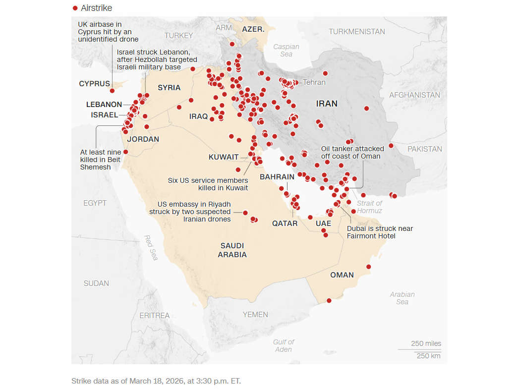Map of air strikes in the Middle Eastern region as of 18th March 2026, CNN.