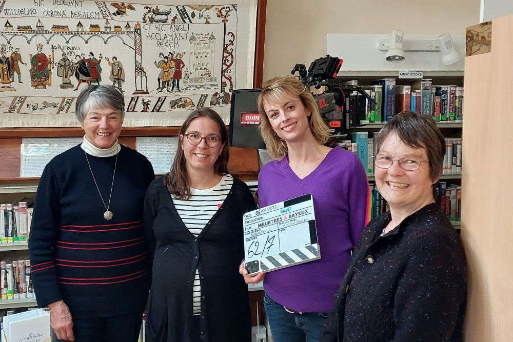 L-R Kate Russell (Library volunteer and creator of the Alderney tapestry), Anne-Isabelle Boulon (Visit Alderney), Sara Mortensen (Actress and main character in the film) and Annie Walters (Library volunteer).