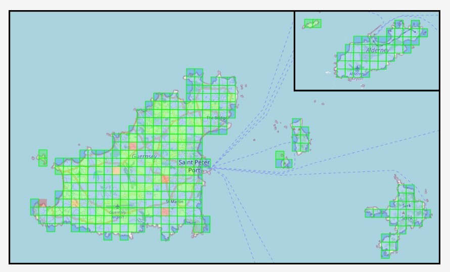 The survey, covering all the islands, divides the islands up into 500x500m survey squares.