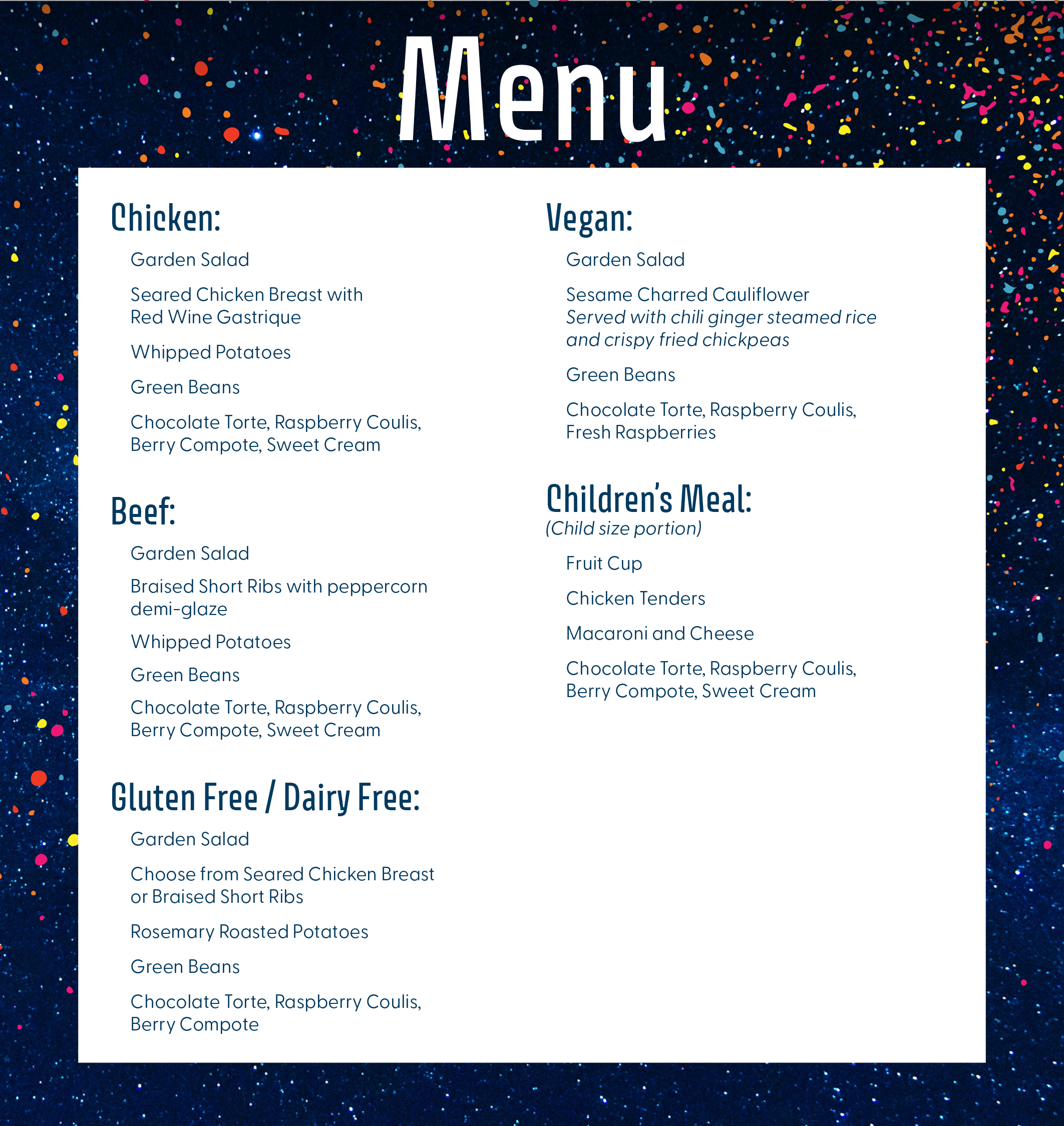 Menu for 91.3 WCSG Father Daughter Dinner and Dance in Kalamazoo, Michigan on Friday, November 7, 2025