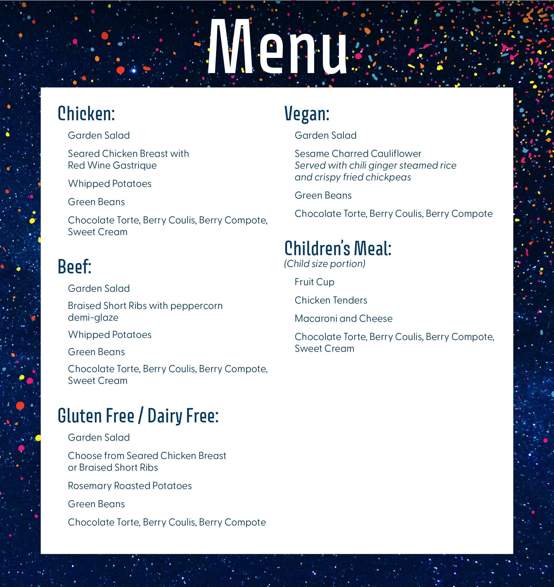 Menu for 91.3 WCSG Father Daughter Dinner and Dance in Kalamazoo, Michigan on Friday, November 7, 2025