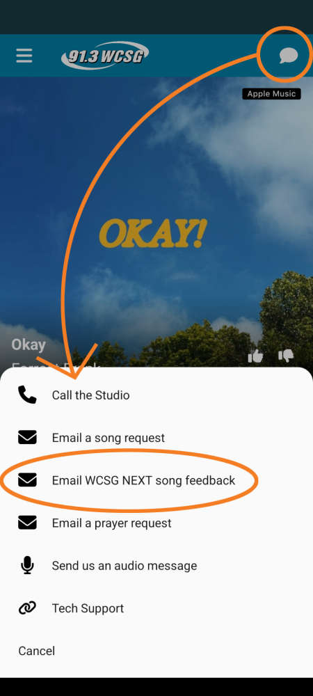 Use the 91.3 WCSG app and tap the speech bubble to send feedback on new songs played with WCSG NEXT. You can send an email or leave us an audio message.