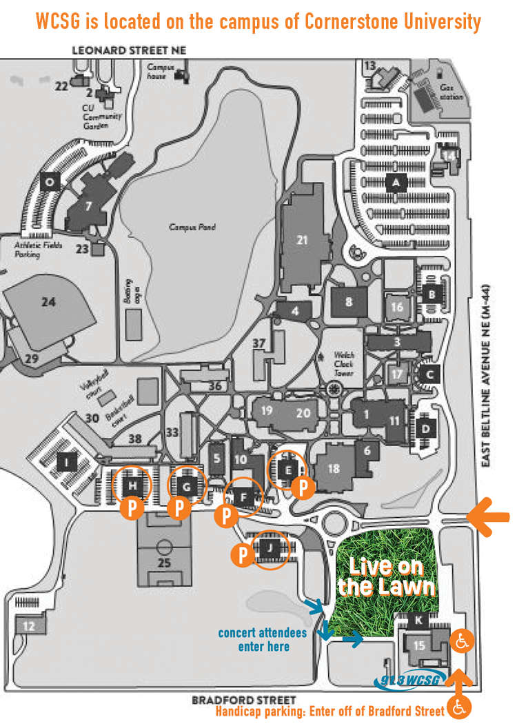 Where do I park at 91.3 WCSG Live on the Lawn outdoor concerts? General traffic enter off of East Beltline and follow parking signs. Those needing handicap parking enter off of Bradford Street. 