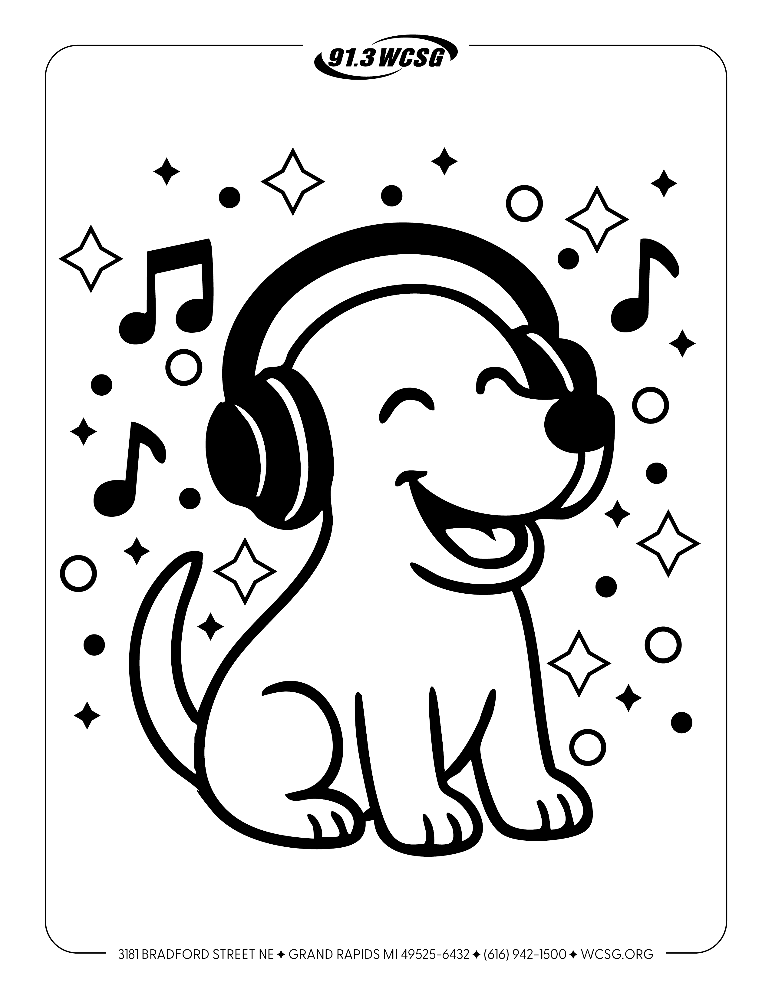 91.3 WCSG free coloring sheets: music dog