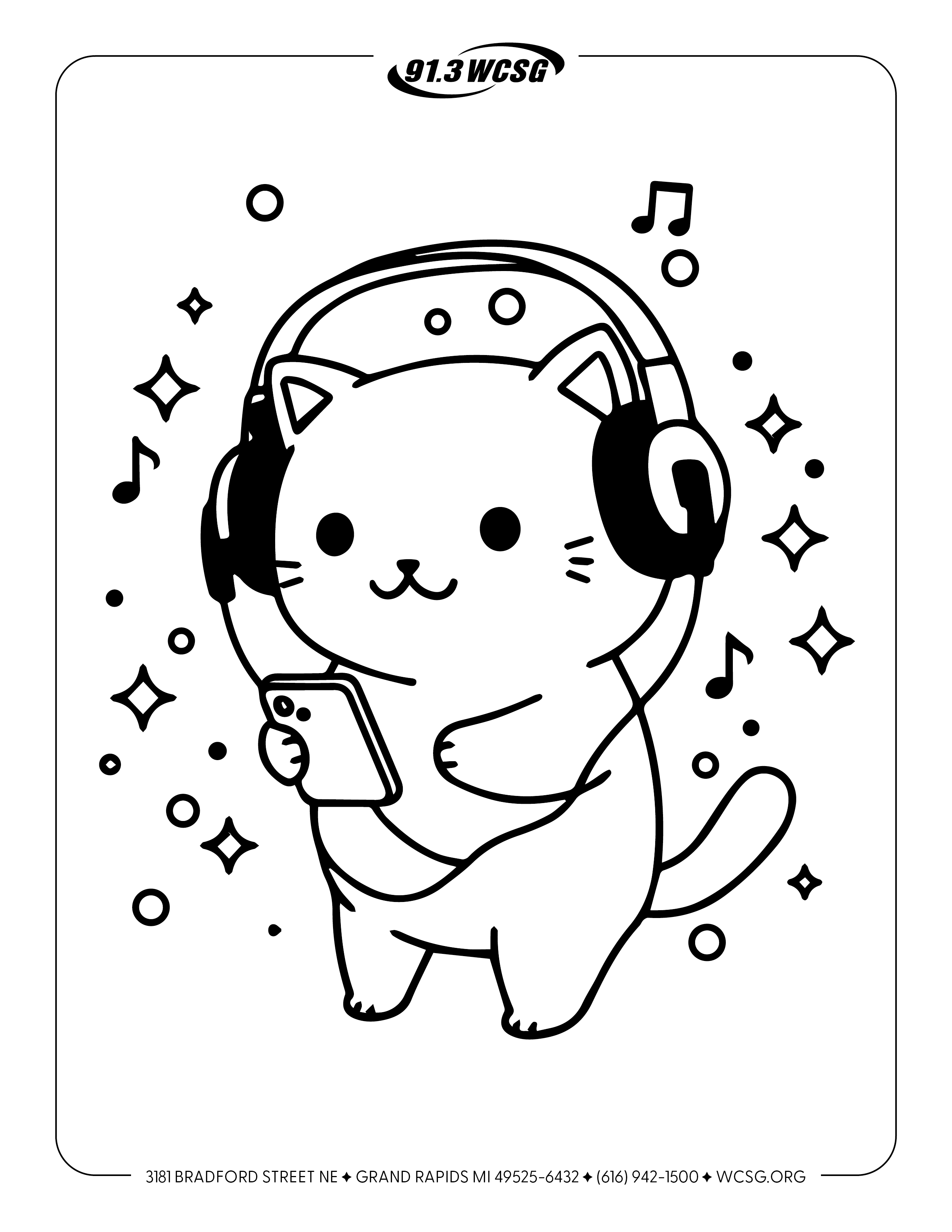91.3 WCSG free coloring sheets: music cat