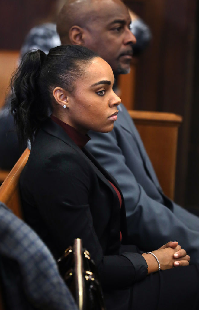 Shayanna Jenkins Hernandez sits in a court room during Hernandez's double murder trial at Suffolk Superior Court in Boston on Mar. 2, 2017