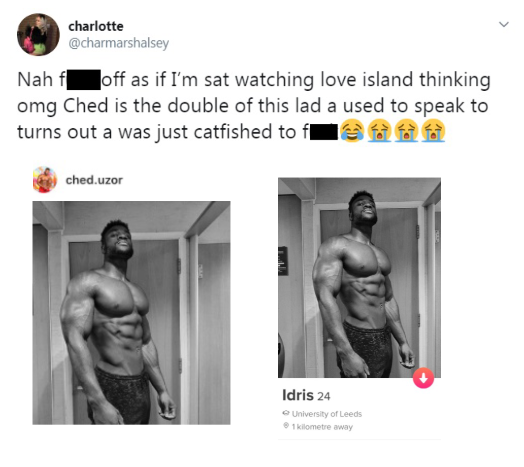 A screenshot of Charlott's Tweet, which includes Ched's original photo alongside a photo of the same image used by the catfish on Tinder