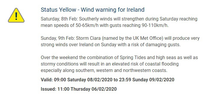 The Met Eireann yellow wind warning, as featured on their website