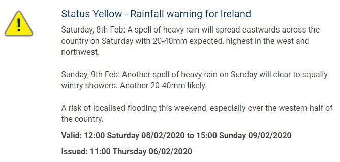 The Met Eireann yellow rain warning, as featured on their website