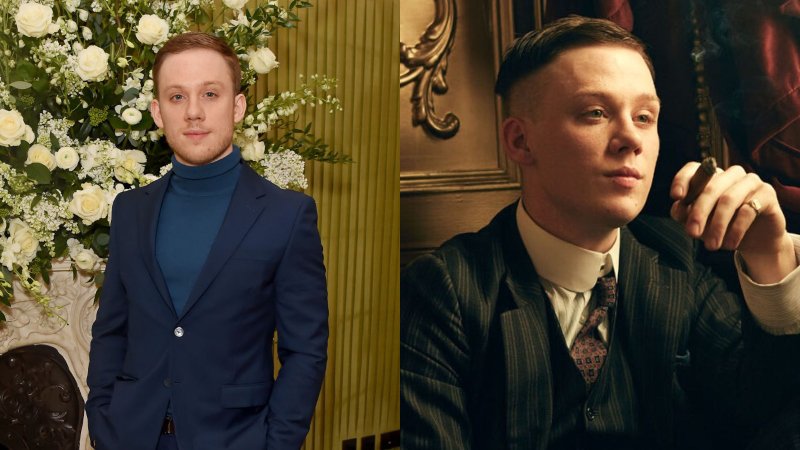 Actor Joe Cole beside an image of him in character as John Shelby in Peaky Blinders