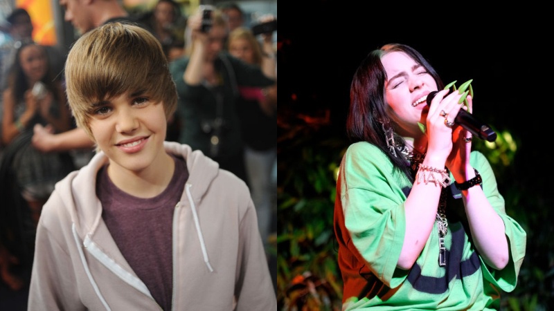 An image of a young Justin Bieber on a red carpet, beside an image of Billie Eilish on stage