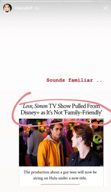 A screenshot of Hilary Duff's post to Instagram stories