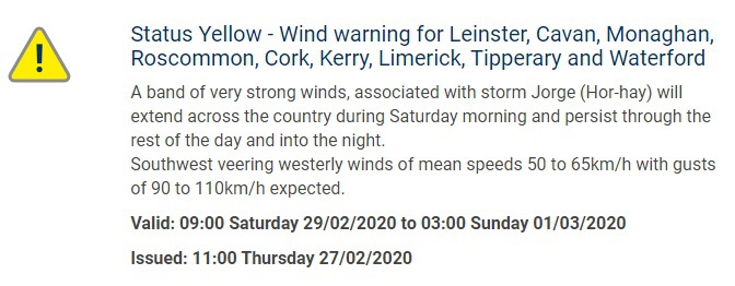 Screenshot of Met Eireann's status yellow wind warning