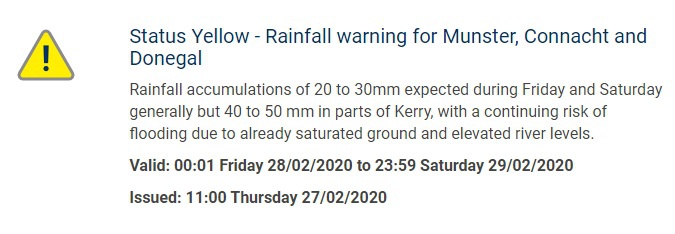 Screenshot of Met Eireann's status yellow rainfall warning