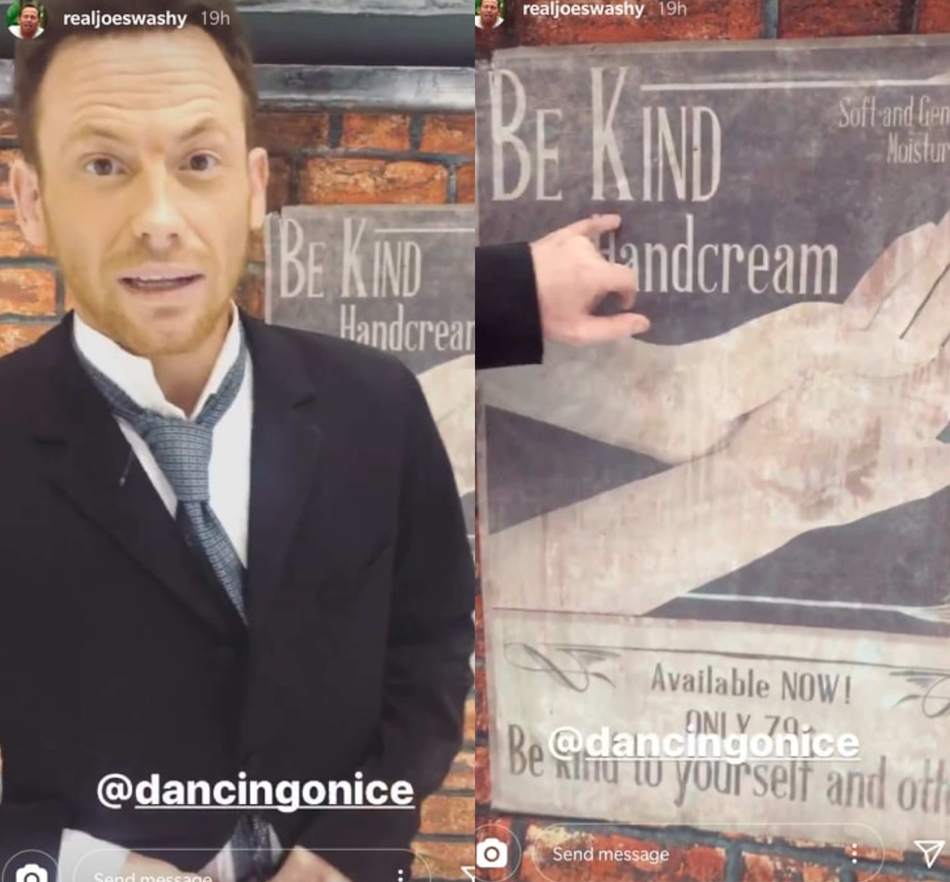 Joe Swash shows his followers the 'be kind' posters on his Instagram stories