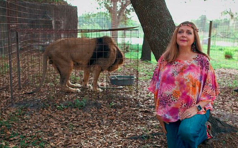 Carole Baskin poses beside a lion cage in 'Tiger King'