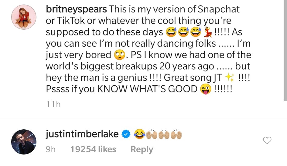 Britney Spears and Justin Timberlake's interaction on Instagram. (via Instagram)