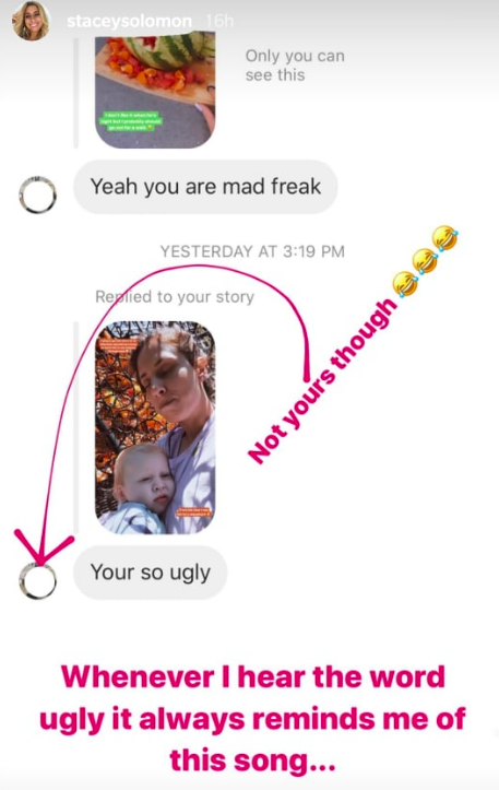 Stacey Solomon shares a screenshot of the negative comment she received to Instagram stories