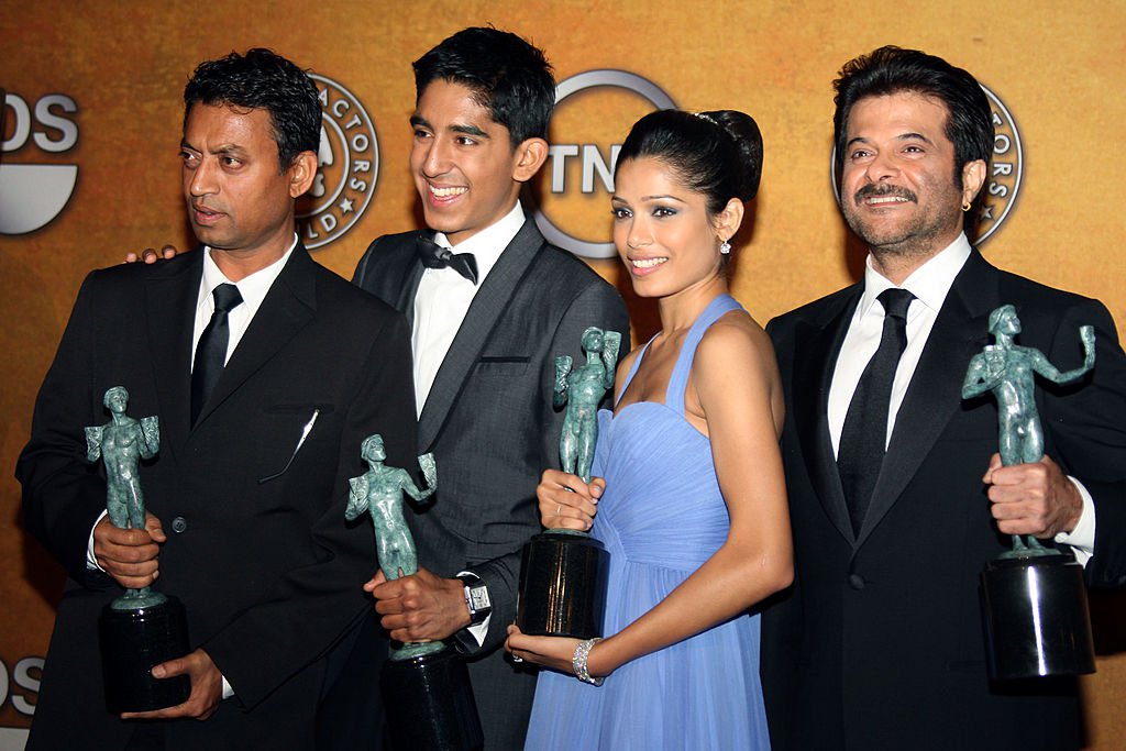 Actors Dev Patel, Irrfan Khan, Freida Pinto, and Anil Kapoor pose with their award for Outstanding Cast in a Motion Picture for "Slumdog Millionaire" in the press room at the 15th Annual Screen Actors Guild Awards