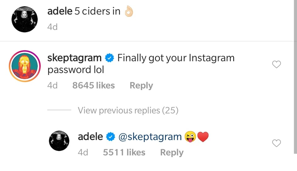 Adele and Skepta comments on Instagram