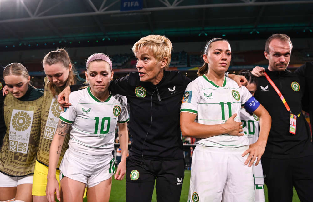 ROI manager Vera Pauw with players, from left, Izzy Atkinson, Megan Walsh, Denise O'Sullivan, Katie McCabe and performance analyst Andrew Holt after the FIFA Women's World Cup 2023 Group B match against Nigeria in Brisbane, Australia. (Photo By Stephen McCarthy/Sportsfile via Getty Images)