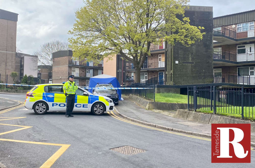Forensic tent in place at flats in Dukinfield Not Really Here Group