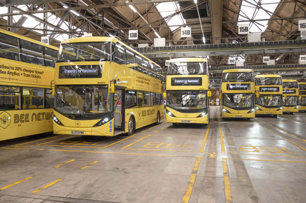 7 Zero Emission Buses (ZEBs) fully Bee Network branded at Oldham 7 Zero Emission Buses (ZEBs) at Oldham First Bus Depot.