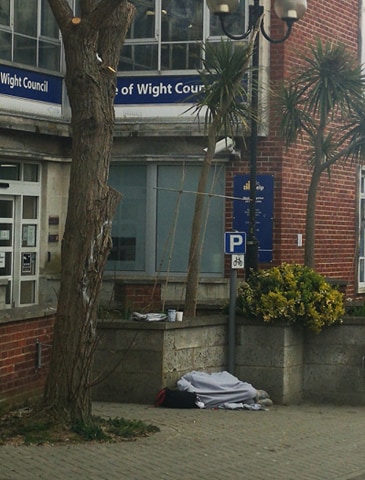 A rough sleeper outside the Isle of Wight Council building
