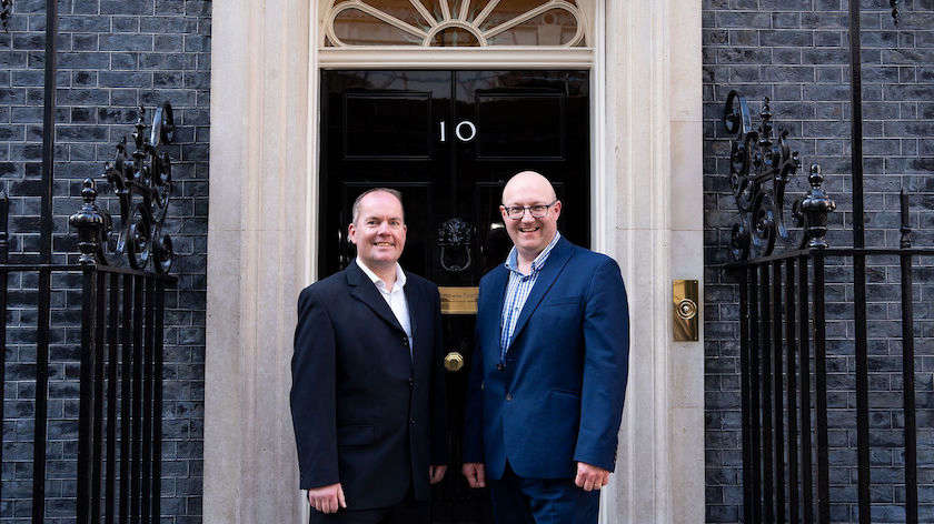 Rombalds Radio founders Nick Babb and Stuart Clarkson at Downing Street for a Local Media Champions reception.