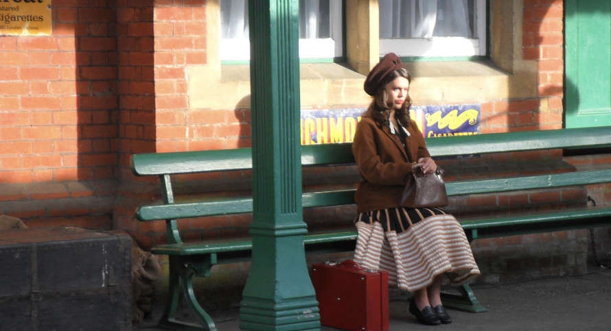 Sabrina Bartlett in The Larkins, with scenes filmed at Horsted Keynes Station. Image © Mick Blackburn