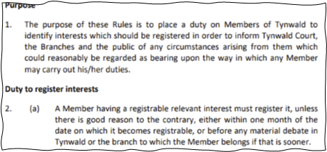 Image of Tynwald Standing Order Annex 7 which sets out rules surrounding registration of members' interests.