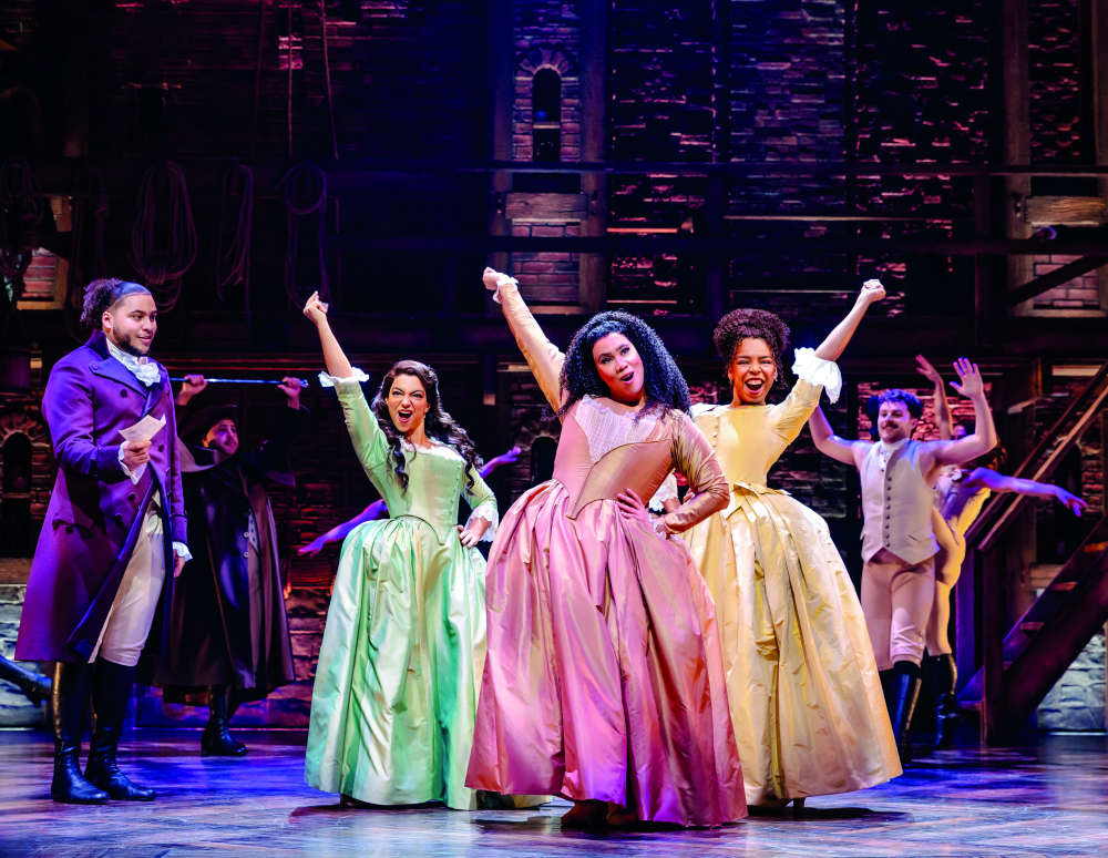 HAMILTON TOUR. Billy Nevers Aaron Burr Roshani Abbey_ Chasity Crisp and Naomi Katiyo Schuyler Sisters. Photo by Danny Kaan