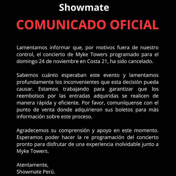 comunicado oficial conicerto cancelado myke towers peru